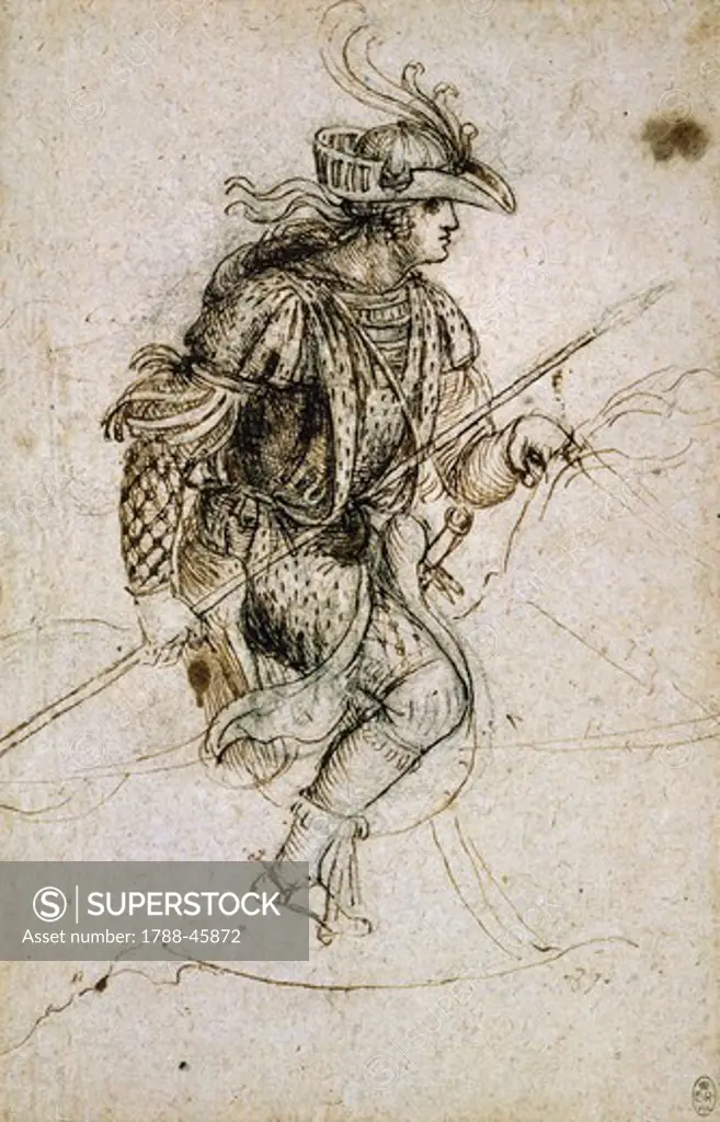 Costume for the Feast of Heaven, which took place in Milan in the green room at Castello Sforzesco, January 13, 1490, by Leonardo da Vinci (1452-1519), drawing.