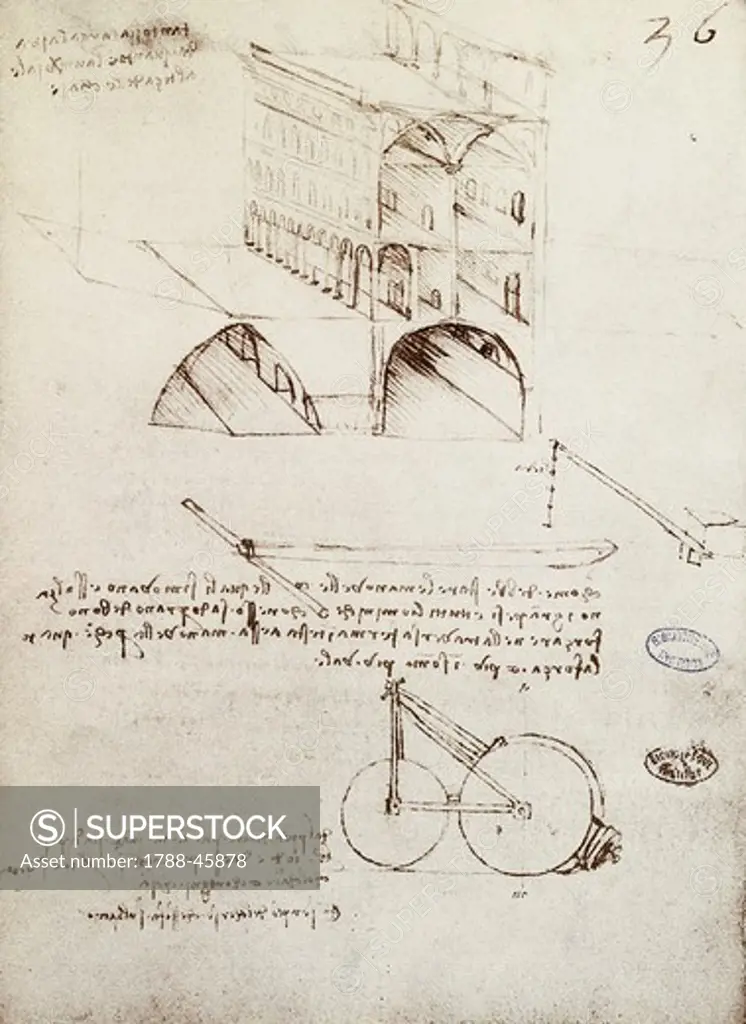 Architectural studies, development and sections of buildings in a city with raised streets, by Leonardo da Vinci (1452-1519), drawing. Manuscript B, f 36 r.
