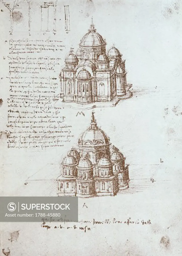 Church and dome on a central plan and study of proportional relationships, by Leonardo da Vinci (1452-1519), drawing. Manuscript B, folio 17, verso.
