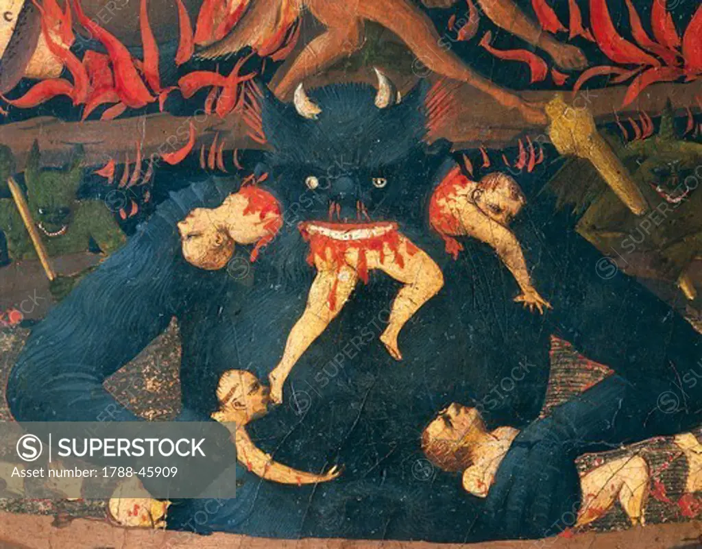Hell with damned being devoured by a devil, detail from The Last Judgement, 1431, by Giovanni da Fiesole known as Fra Angelico (1400-ca 1455), tempera on wood, 105x210 cm.