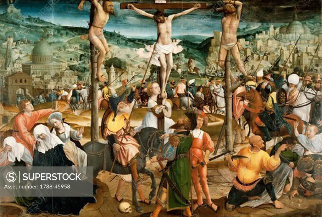 Crucifixion, ca 1500, by Jan Provoost (ca 1465-1529), oil on panel 117x172.5 cm.