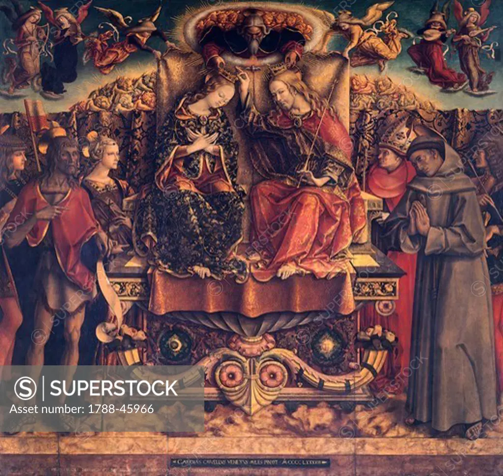 Coronation of the Virgin with the Holy Trinity and Saints Venancio, John the Baptist, Catherine, Bonaventure, Francis and Sebastian, 1493, by Carlo Crivelli (1430-35 - pre-1495), tempera on wood, 225x255 cm.