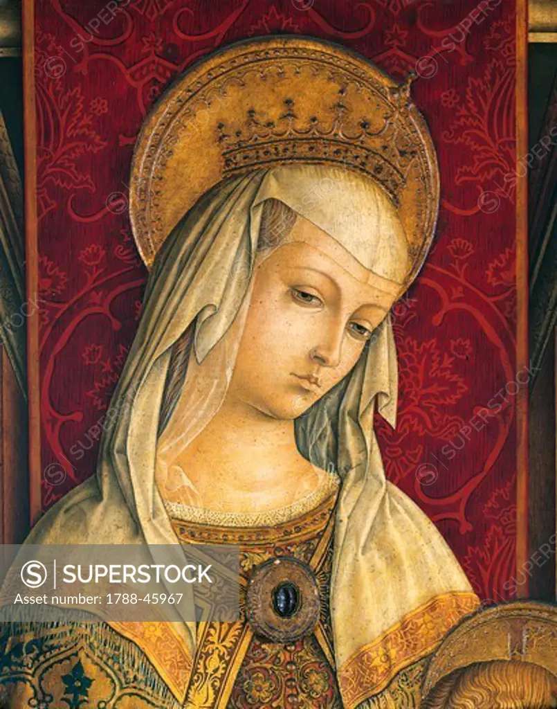 Madonna's face, detail from the central panel of the Triptych of Camerino, 1482, by Carlo Crivelli (ca 1430- ca 1495), tempera on wood.