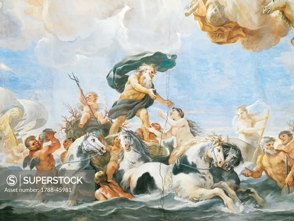 Neptune and Amphitrite, detail of the cycle of frescoes in the Hall of Mirrors, 1682-1685, by Luca Giordano (1634-1705), fresco. Palazzo Medici Riccardi, Florence.