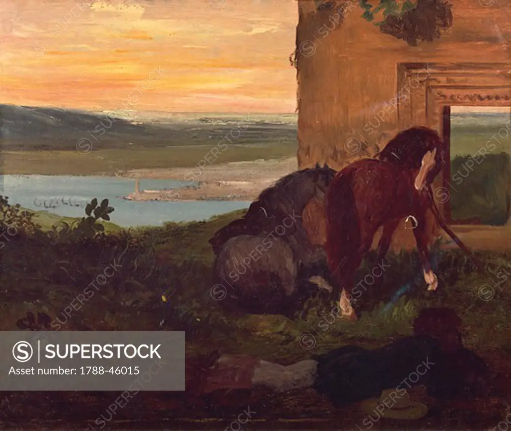 Horses in a landscape, by Edgar Degas (1834-1917).