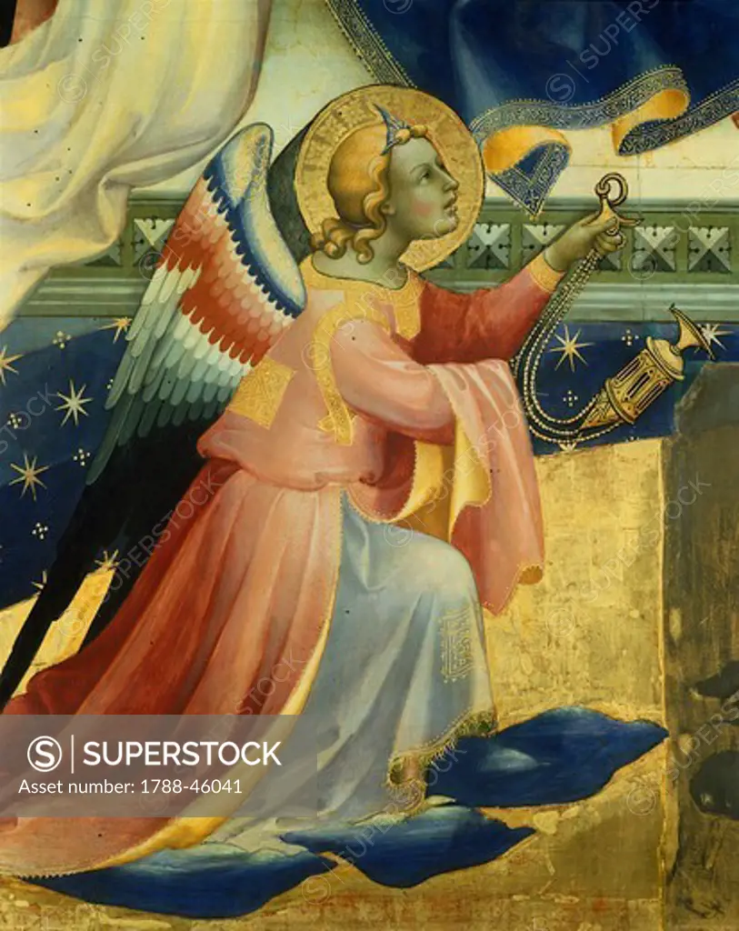 Kneeling Angel, detail from the central panel of the Coronation of the Virgin, 1414, by Lorenzo Monaco (ca 1370-1425), tempera and gold on panel, 506x447.5 cm.