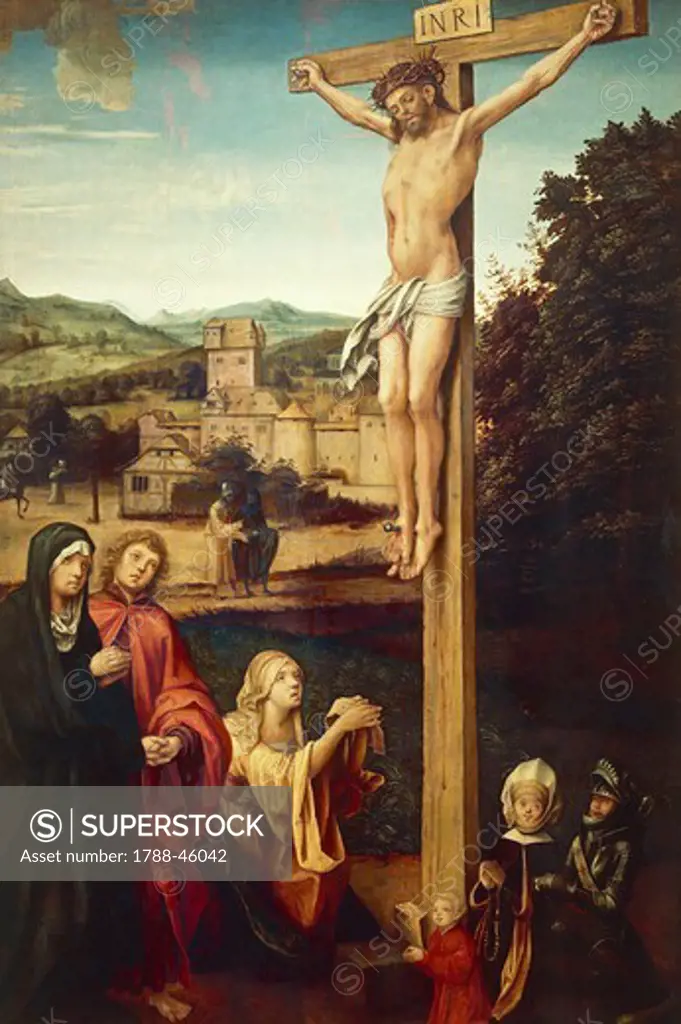 Crucifixion showing Mary Magdalene and donors, 1511-1514, by Hans von Kulmbach (ca 1485-1522), oil on panel, 167x92 cm.