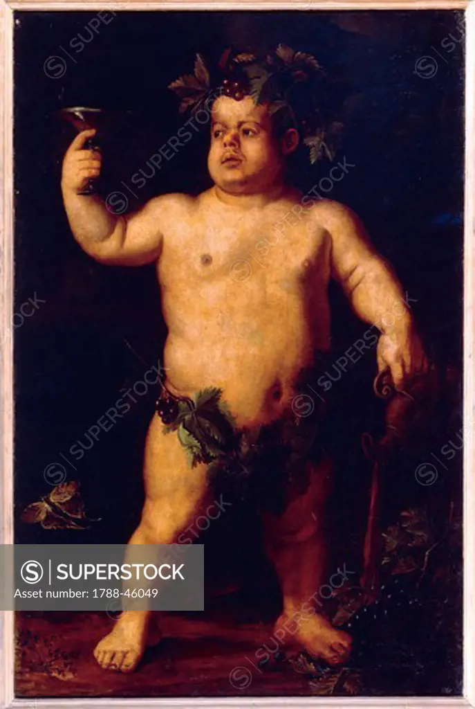 Double portrait of the dwarf Morgante: full frontal view of the naked dwarf resembling a Bacchus with a crown of grapes and vine leaves, by Agnolo Bronzino (1503-1572).