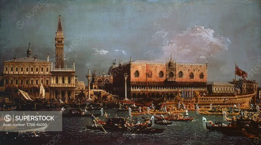 Te return of the Bucentaur to the pier on Ascension Day, ca 1760, by Giovanni Antonio Canal known as Canaletto (1697-1768), oil on canvas, 102x58 cm.