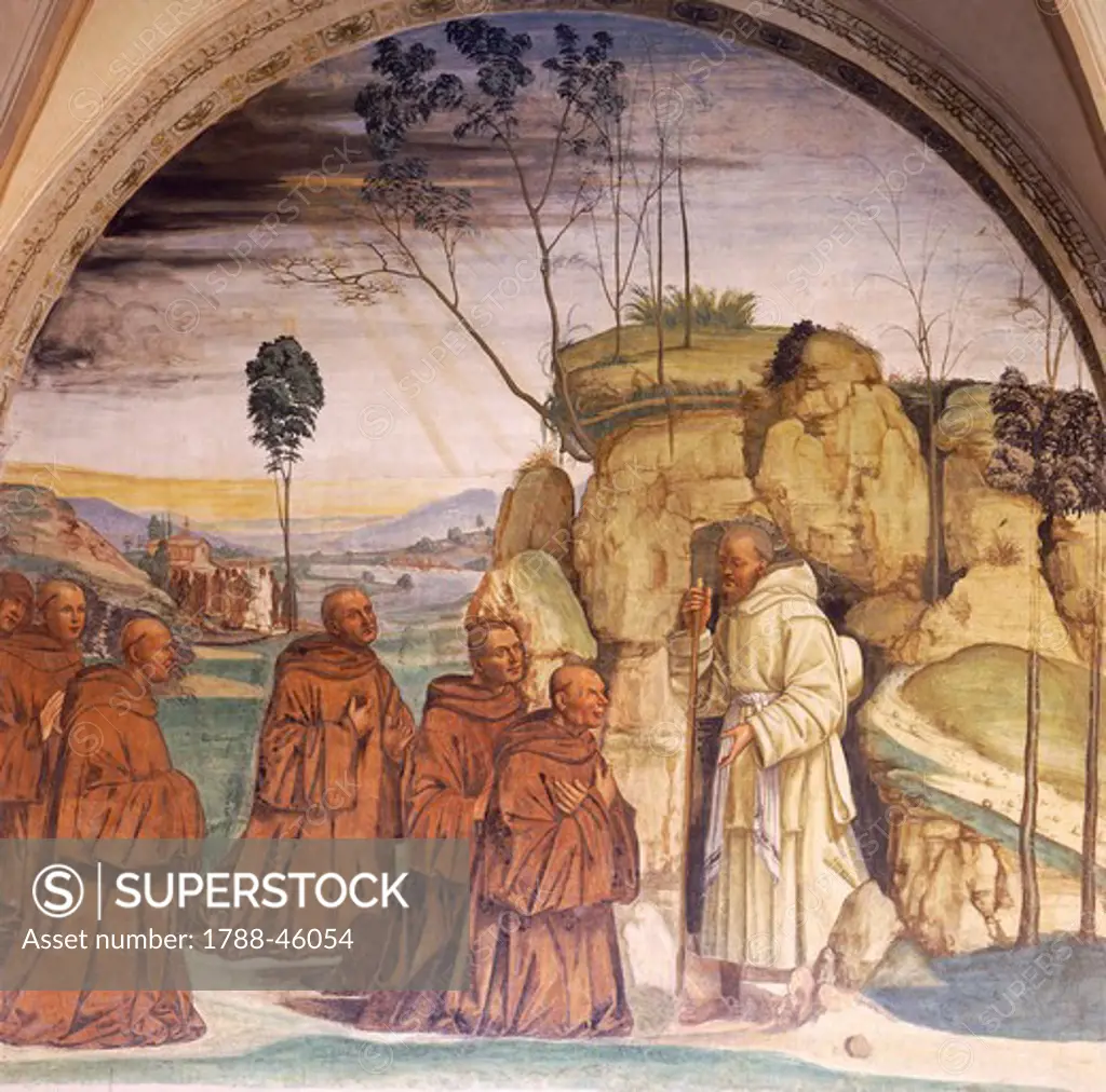 Stories of St Benedict, 1497-1498, frescoes by Luca Signorelli (ca 1445-1523) in the cloister of St Benedict at Monte Oliveto, Siena. Detail.