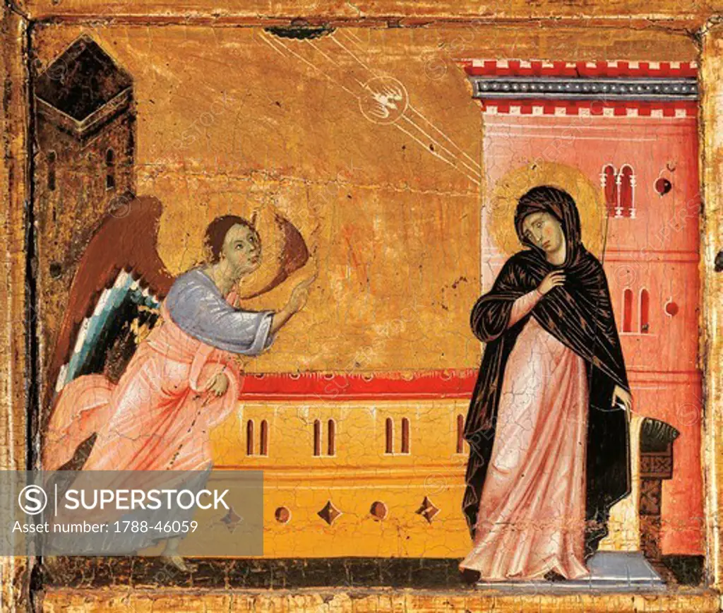 Annunciation, detail from the Antependium of St Peter Enthroned, ca 1280, by Guido da Siena (ca 1250 -1300), tempera and gold on wood, 100x141 cm.