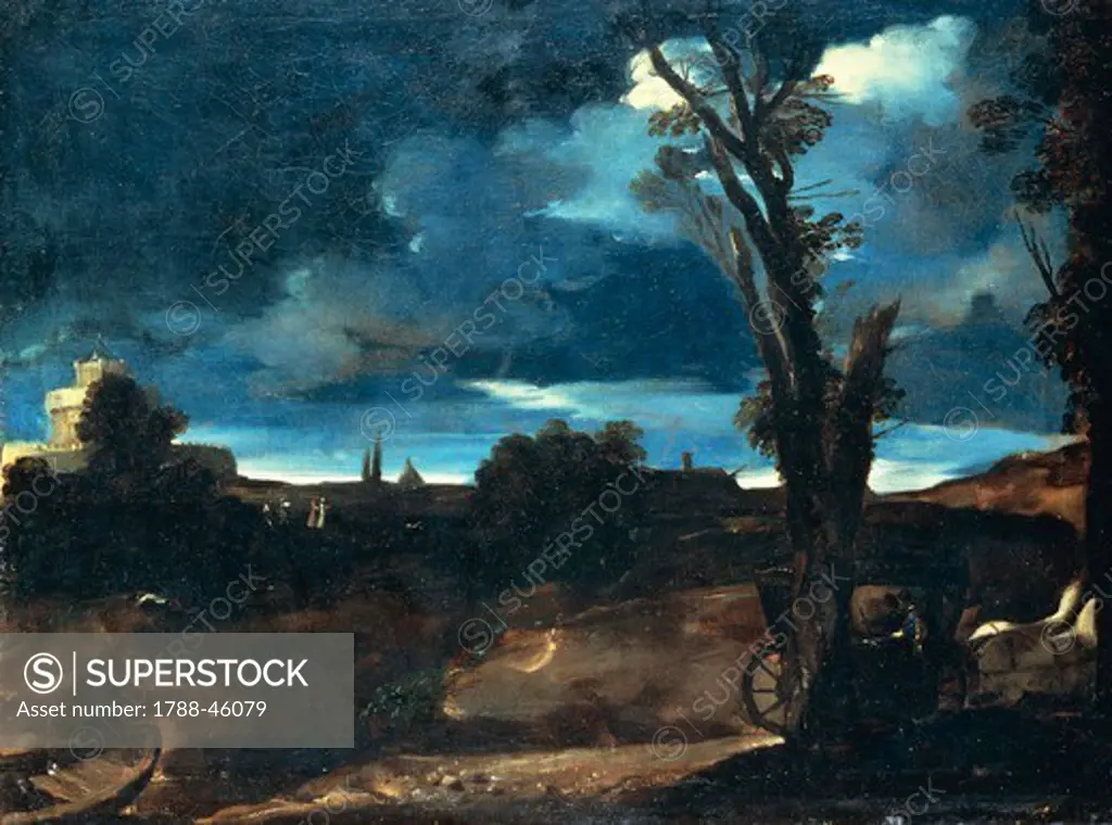 Moonlit landscape with carriage, ca 1616, by Giovanni Francesco Barbieri, known as Guercino (1591-1666), oil on canvas, 55.5x71.5 cm.