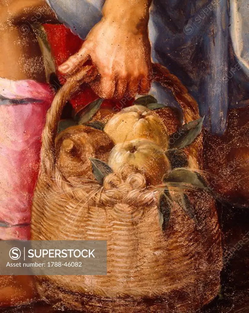 Basket of fruit, detail from the Adoration of the Shepherds, by Peter Candid (1548-1628), oil on panel, 248x162 cm.