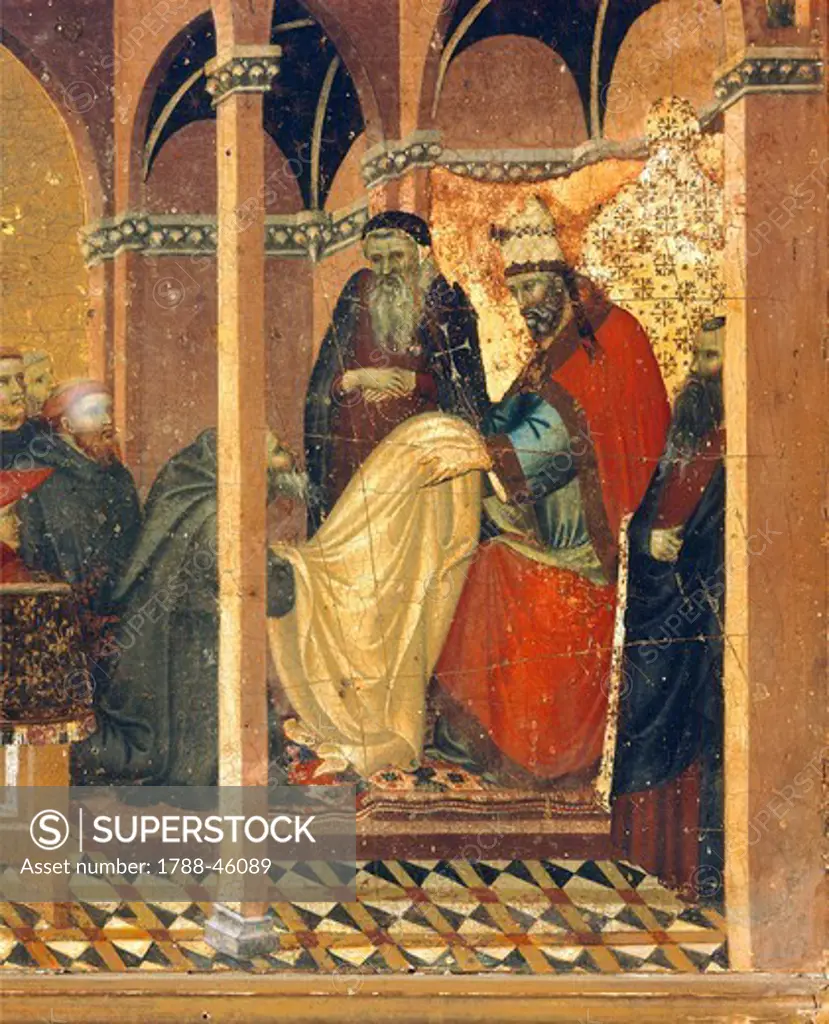 Honorius IV gives new clothes to the friars of the Carmine, detail from the predella of the altarpiece for the Carmine, by Pietro Lorenzetti (ca 1280-1348), tempera and gold on wood panel.