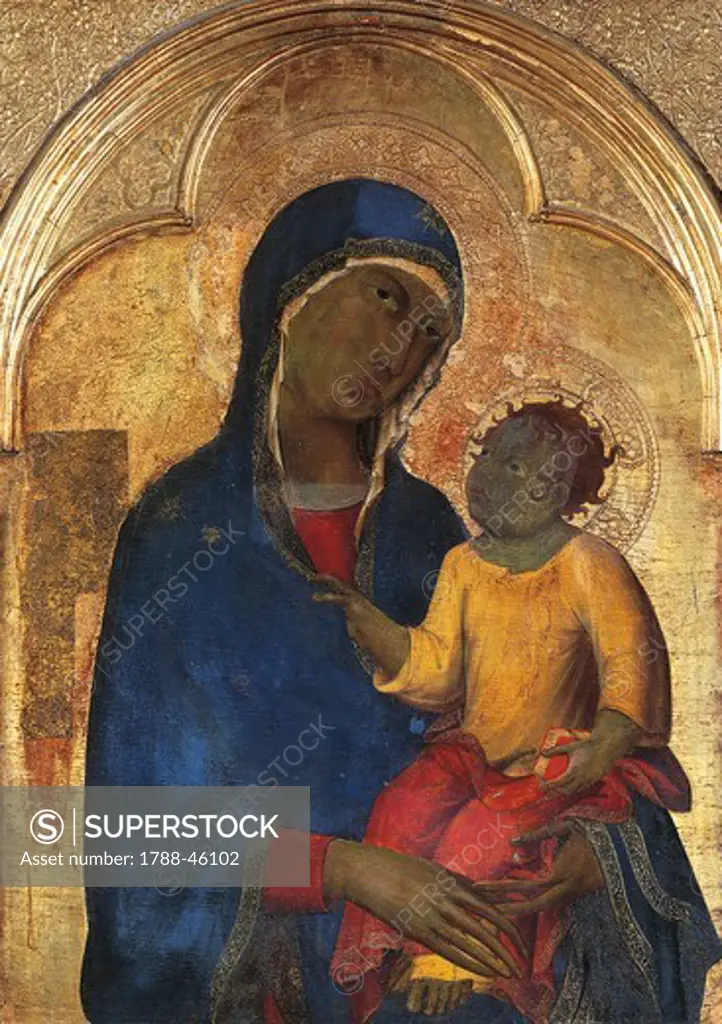 Madonna and Child, detail from the Altarpiece of San Domenico, by Simone Martini (1283-1344), tempera and gold on wood panel, 113x257 cm.