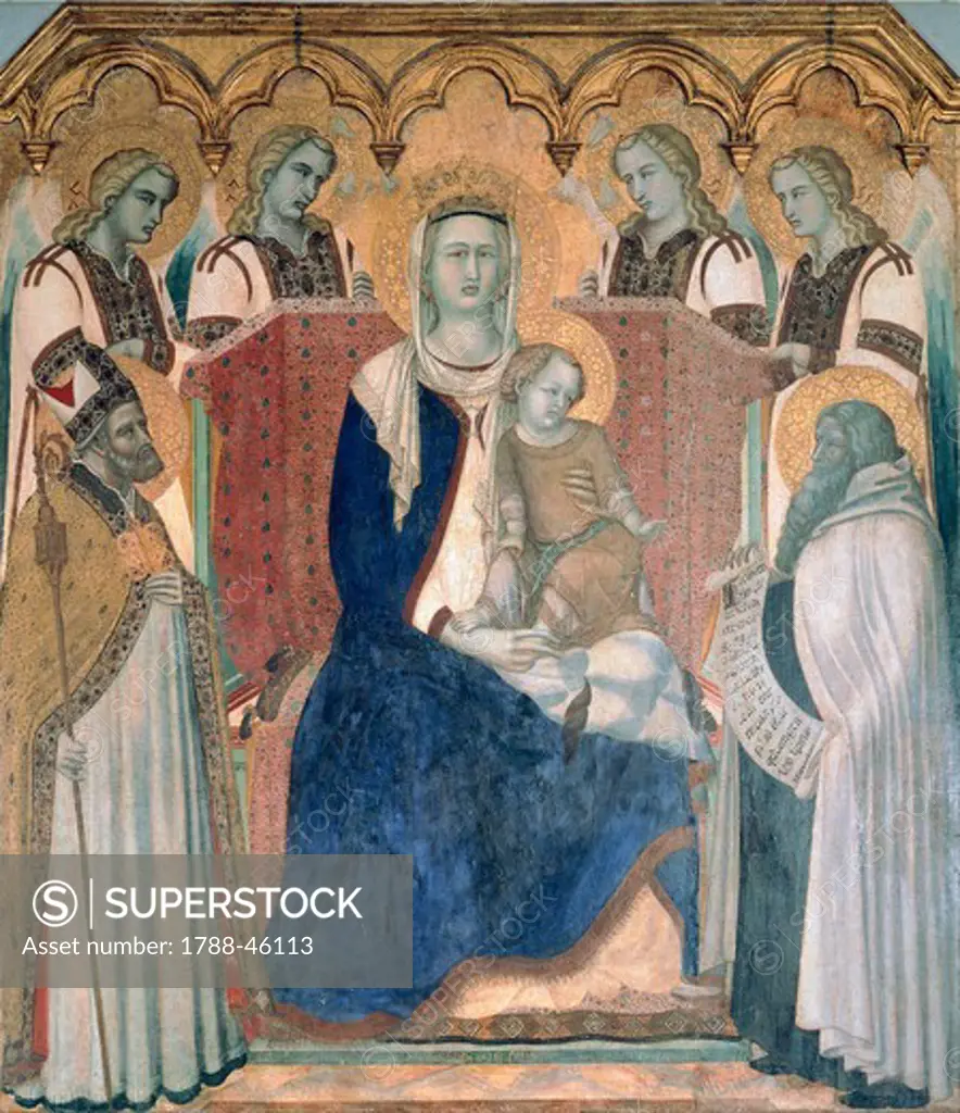 Madonna and Child, Saints and Angels, by Pietro Lorenzetti (ca 1280-1348), tempera on wood.