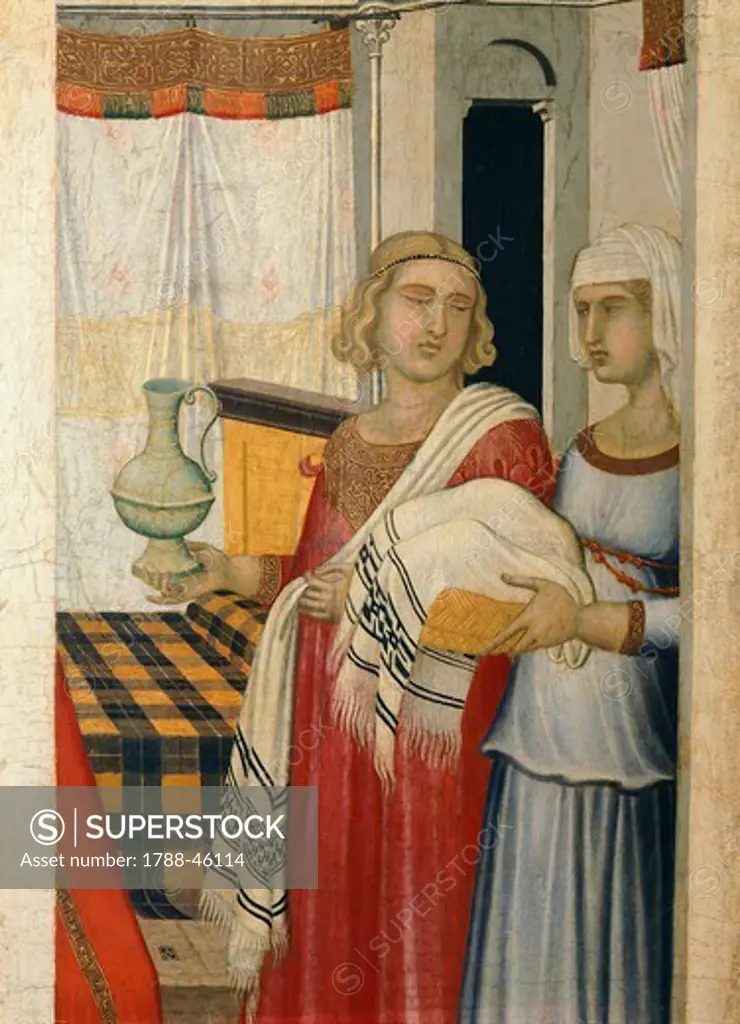 Triptych of the nativity of the Virgin, 1342, by Pietro Lorenzetti (ca 1280-1348), tempera on wood, 187x182 cm. Detail.