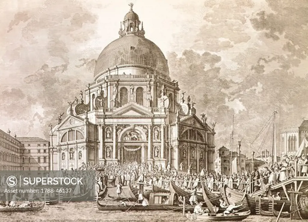 Ducal festivities, the Doge and the Signoria of Venice at the annual feast of Our Lady of Health, 1766, drawing by Giovanni Antonio Canal, known as Canaletto (1697-1768), engraving on copper by Giambattista Brustolon (1712-1796).