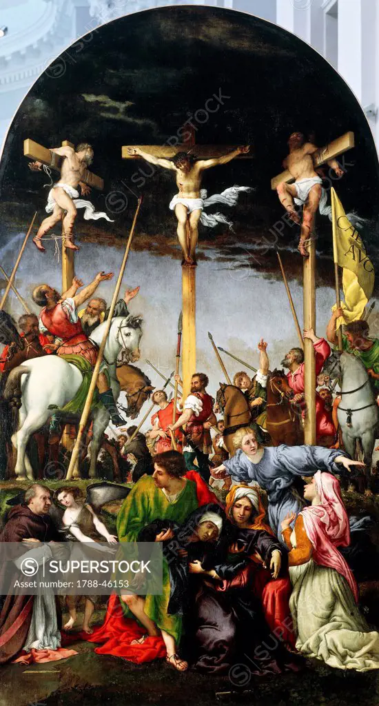 Crucifixion, 1531, by Lorenzo Lotto (1480-1556), canvas, 453x248 cm. Church of Santa Maria in Telusiano, Monte San Giusto, Marche.