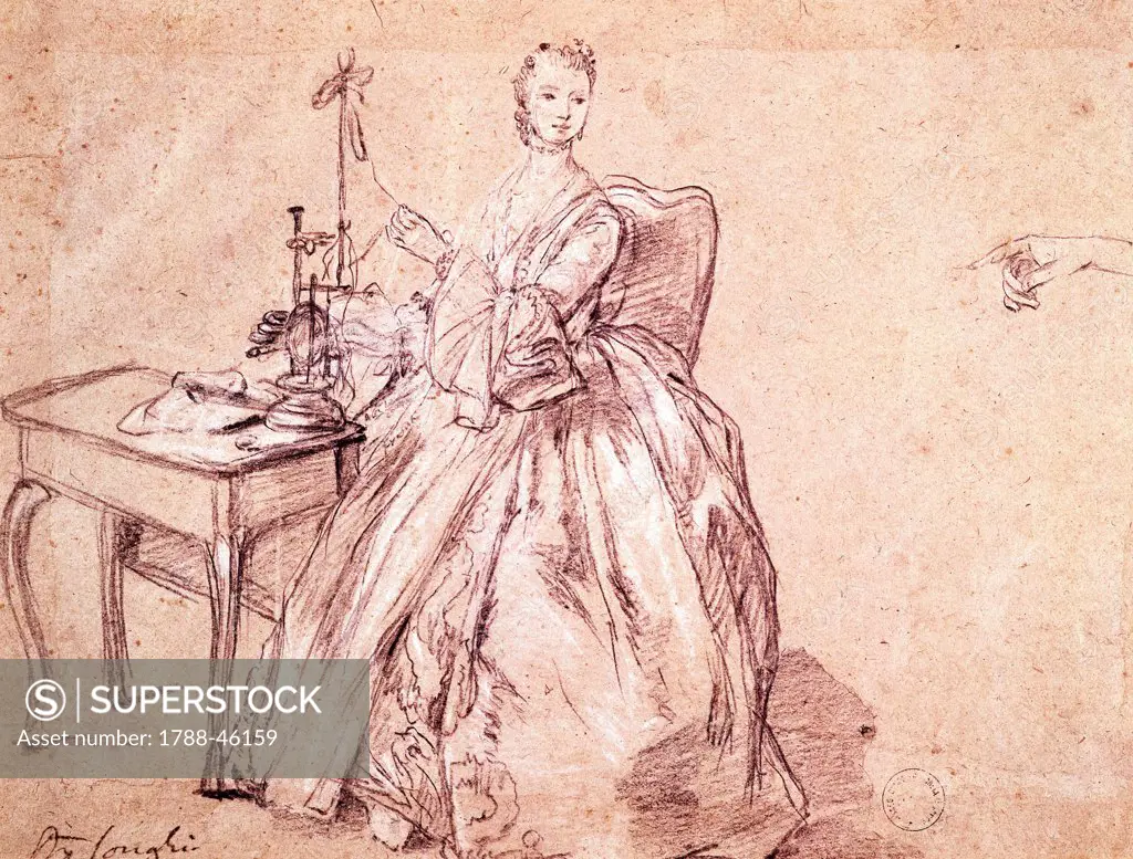 Lady spinning thread, by Pietro Longhi (1701-1785), drawing.