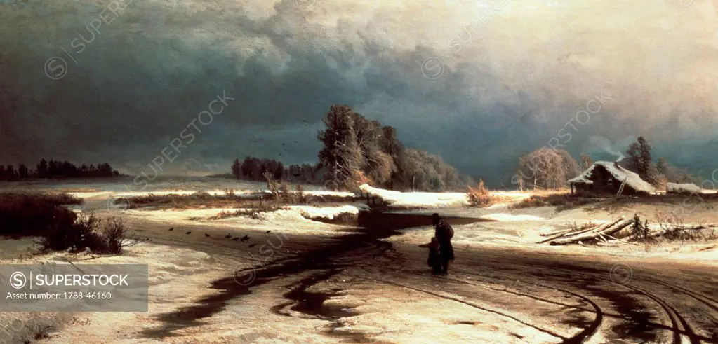 Thaw, 1871, by Fyodor Vasil'yev (1850-1873), oil on canvas, 55x108 cm.