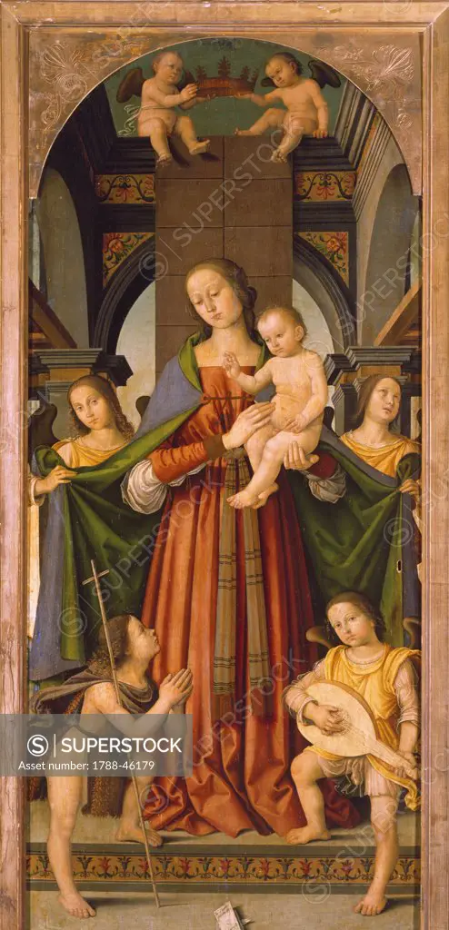 Madonna with Child, central panel of Madonna with Child Triptych with the Saints Ippolito, Romualdo, Benedict and Lawrence, by Giovanni Battista Bertucci the Elder (1465-1516).