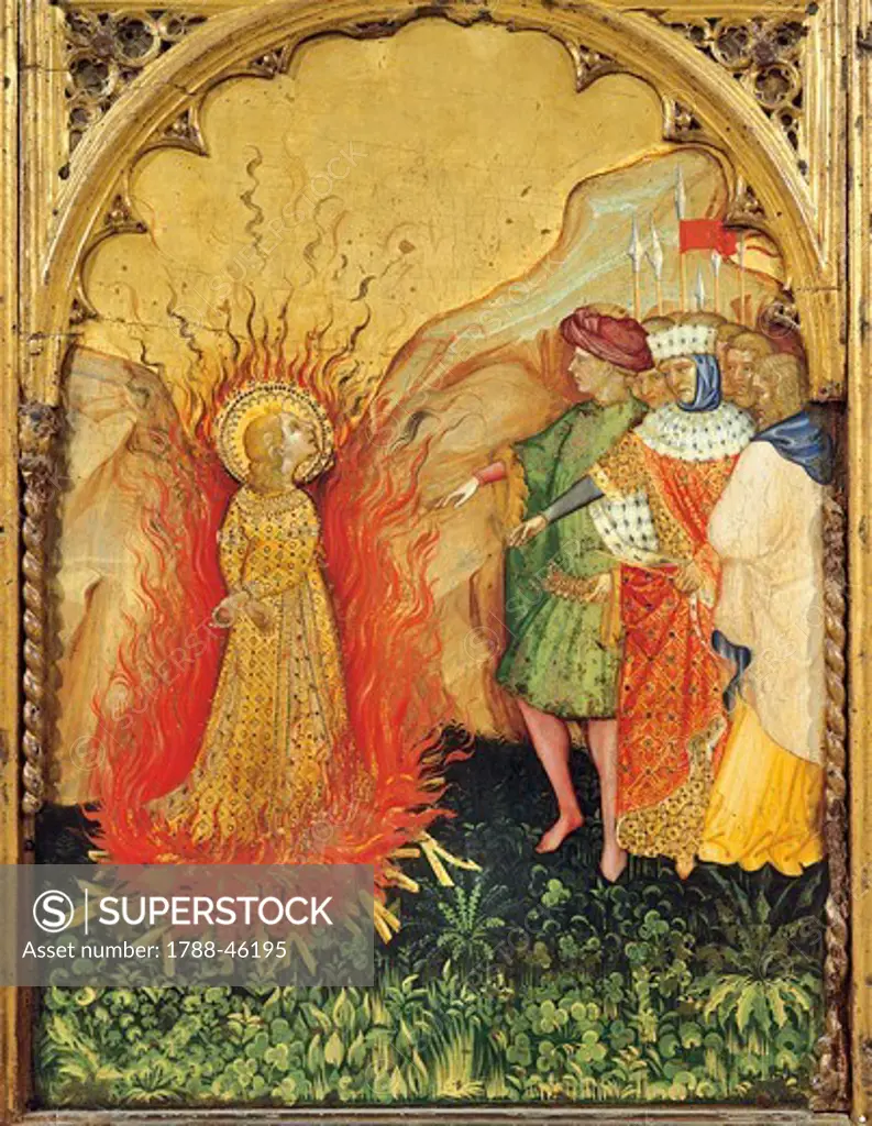 St Lucy in the flames of the fire, detail from a section of the altarpiece with scenes from the life of Saint Lucy, ca 1410, by Jacobello del Fiore (active 1400-died 1439), panel, 70x25 cm.