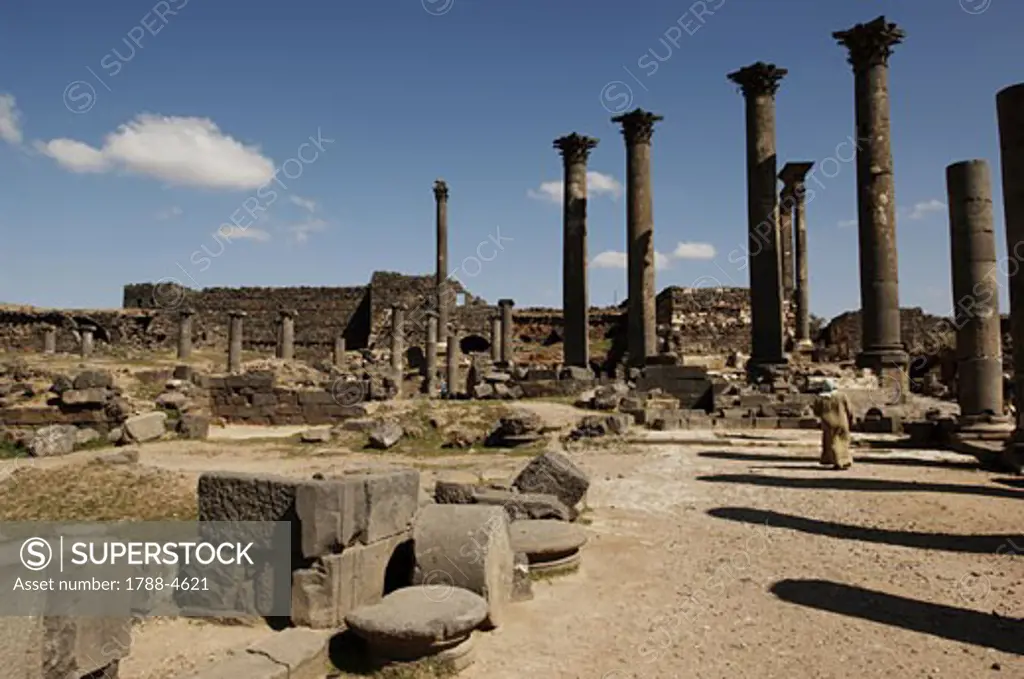 Syria - Bosra. Ancient Bosra. UNESCO World Heritage List, 1980. Ruined Corinthian colonnaded nymphaeum