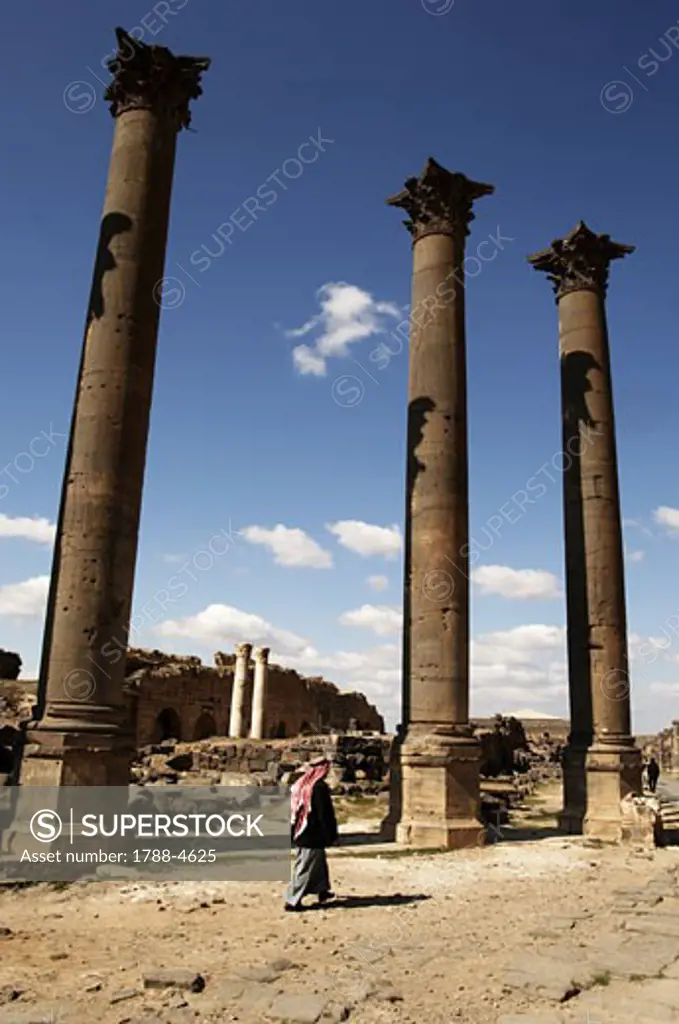Syria - Bosra. Ancient Bosra. UNESCO World Heritage List, 1980. Ruins of  Corinthian colonnaded nymphaeum
