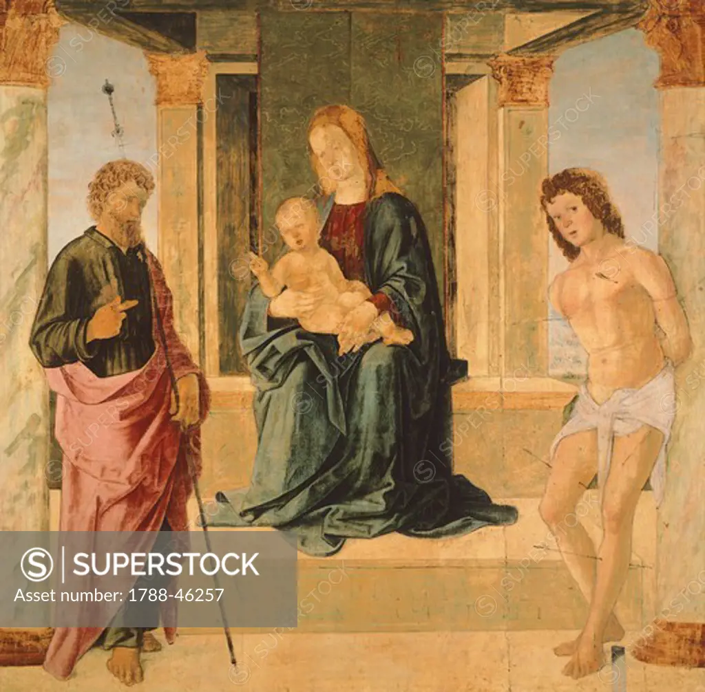 Virgin and Child Enthroned, with St James and St Sebastian, by Lorenzo Costa (ca 1537-1583).