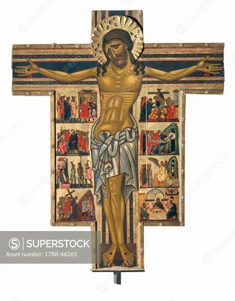 Crucified Christ and Episodes of the Passion, 1230-1270, Master of the Crucifix, 250x200 cm. Detail of the central part. Lucca School of the 13th century.
