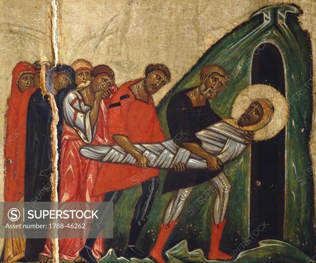 Deposition of Christ in the tomb, detail from Crucified Christ and Episodes from the Passion, 1230-1270, by the Master of the Crucifix, 250x200 cm. Lucca School of the 13th century.