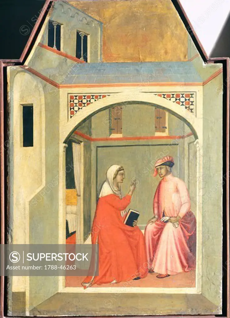 Rosana separates from her husband Ugolotto to live holy, tile from the altarpiece of the Blessed Humility, by Pietro Lorenzetti (ca 1280-1348), tempera and gold on wood panel.