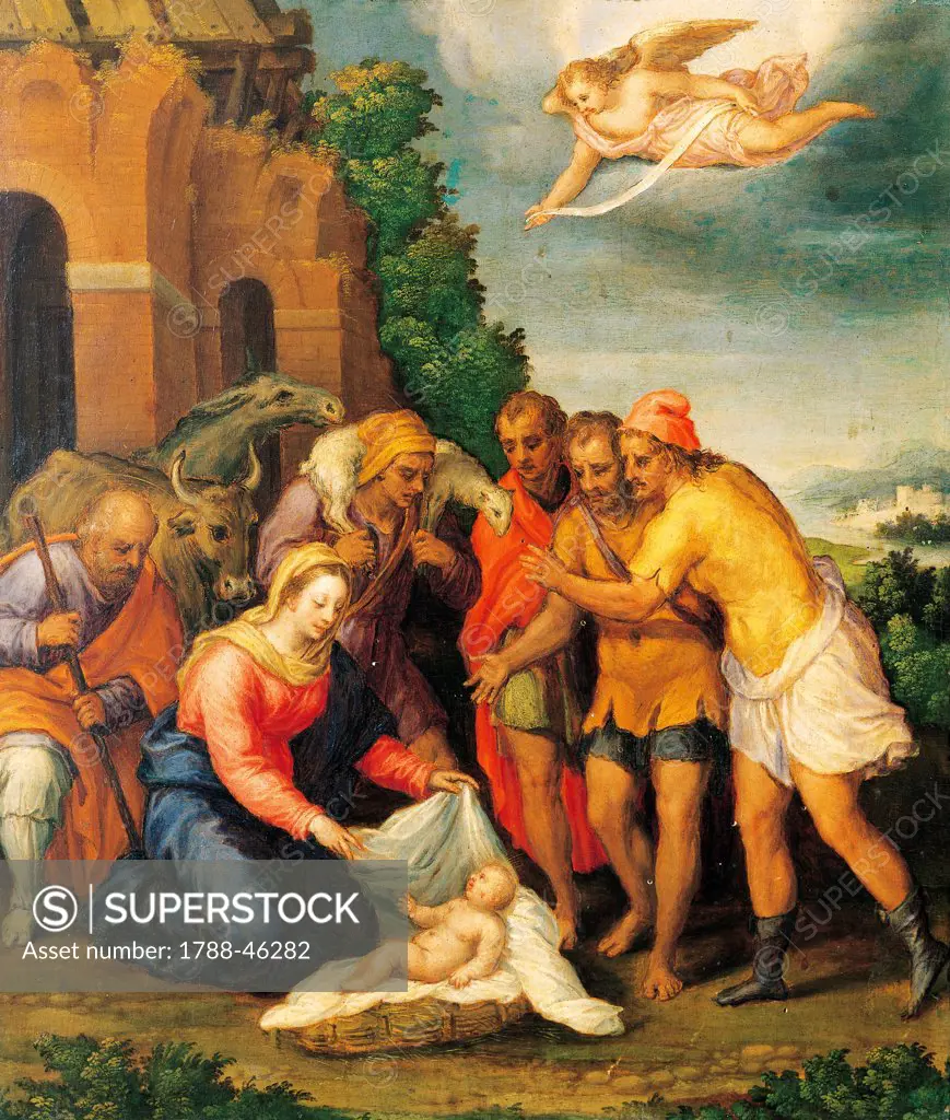 Adoration of the Shepherds, ca 1565, by Sebastiano Filippi (1532-ca 1602), oil on panel, 53x46 cm.