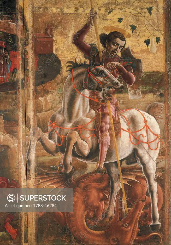 St George and the Princess, organ-shutter wood in the Cathedral of Ferrara, 1469, by Cosme' Tura (1430-ca 1495), tempera on canvas, 349x305 cm. Detail.