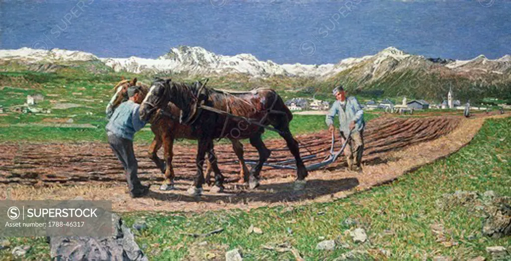 Ploughing, 1887-90, by Giovanni Segantini (1858-1899), oil on canvas, 117.6x227 cm.