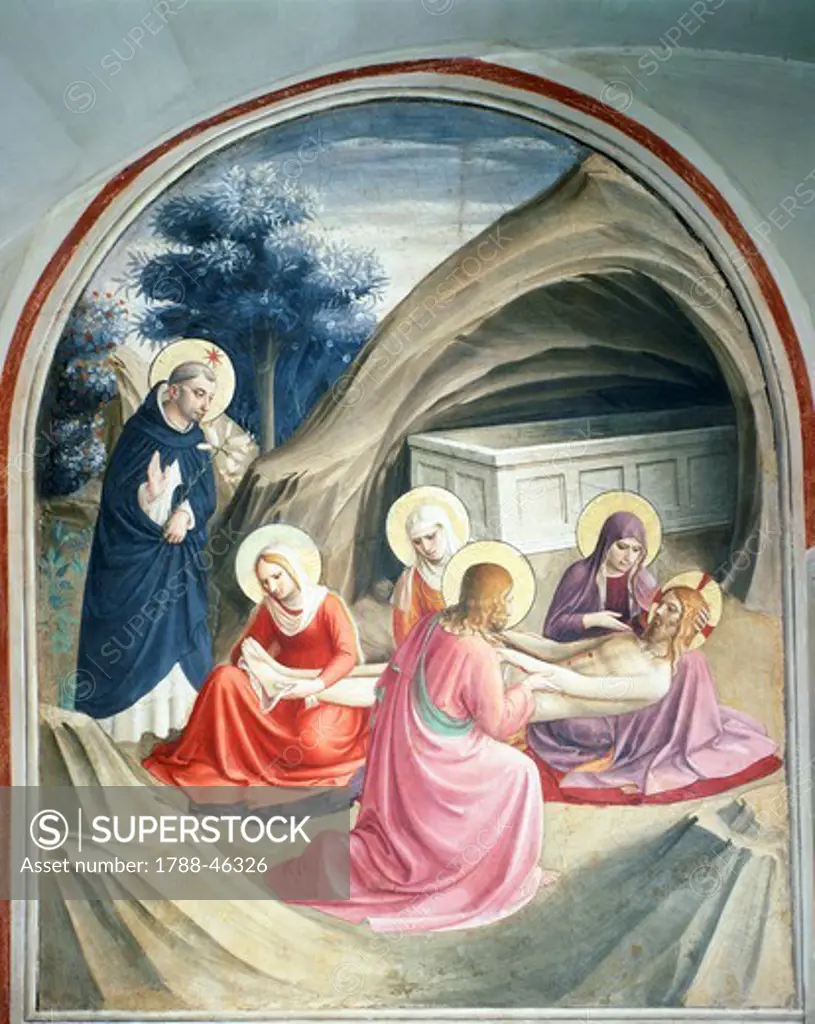 Lamentation over the Dead Christ, ca 1440-1441, painted under the supervision of Giovanni da Fiesole known as Fra Angelico (1400-ca 1455). Fresco, 192x166.5 cm. Convent of San Marco, Florence.