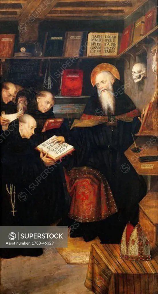 St Augustine teaching hermits, by Defendente Ferrari (active from ca 1500-1535), panel, 165x92.5 cm.