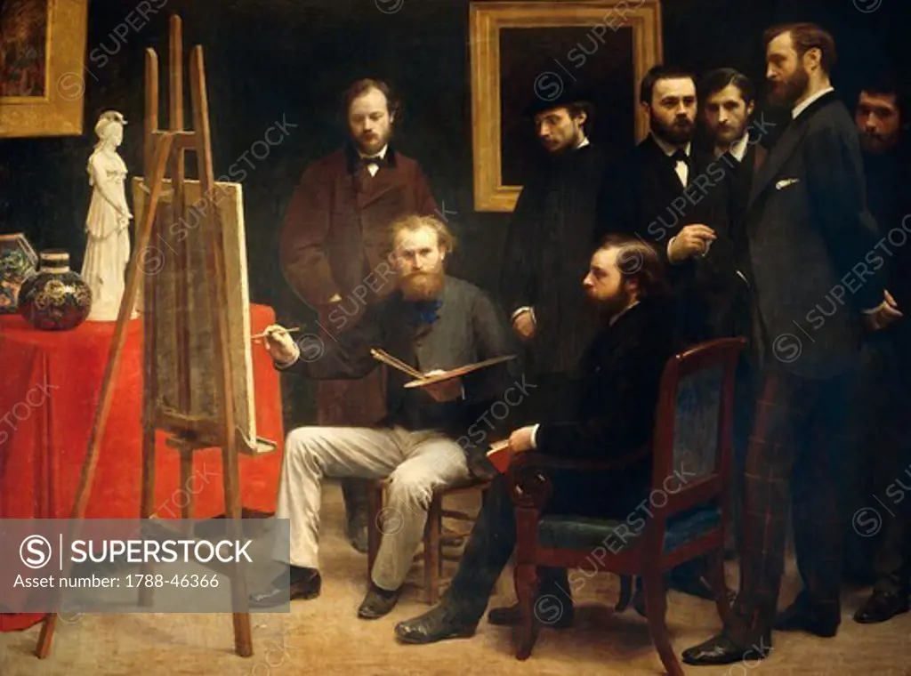Artist's studio in Batignolles, 1870, by Henri Fantin-Latour (1836-1904), oil on canvas, 204x273.5 cm.