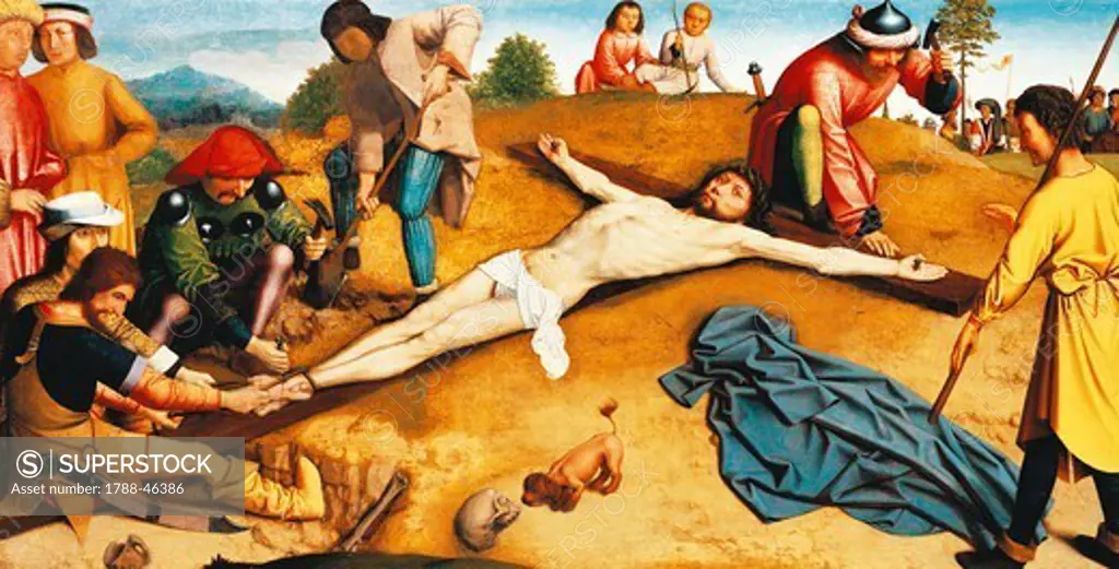 Christ on the cross, ca 1481, by Gerard David (ca 1460-1523), oil on panel, 48x94 cm.
