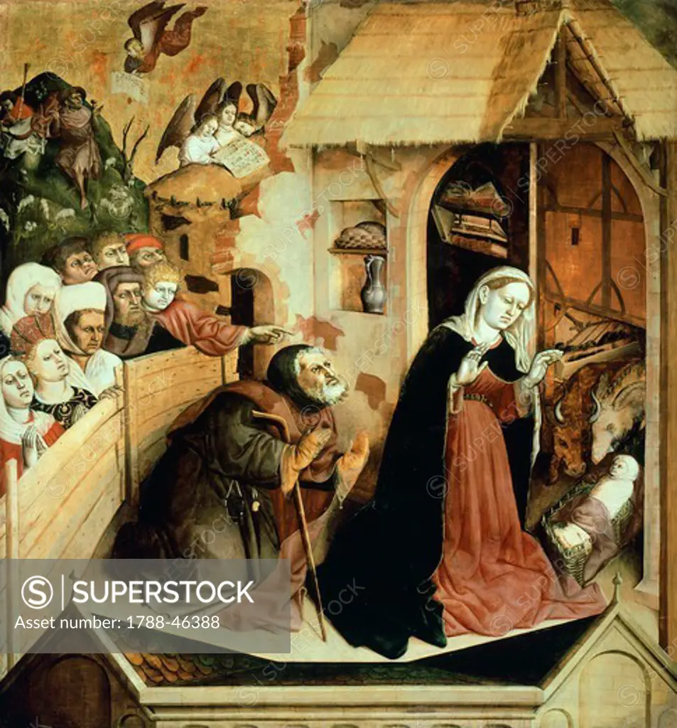 The Nativity, scene from Life of the Virgin, Wurzach Altarpiece, 1437, by Hans Multscher (ca 1400-1467), panel, 148x140 cm.