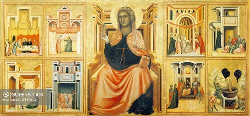 Altarpiece showing the Legend of Saint Cecilia, ca 1304, by the Master of Saint Cecilia (active early 14th century), tempera on panel and stamped gold leaf, 85x181 cm.