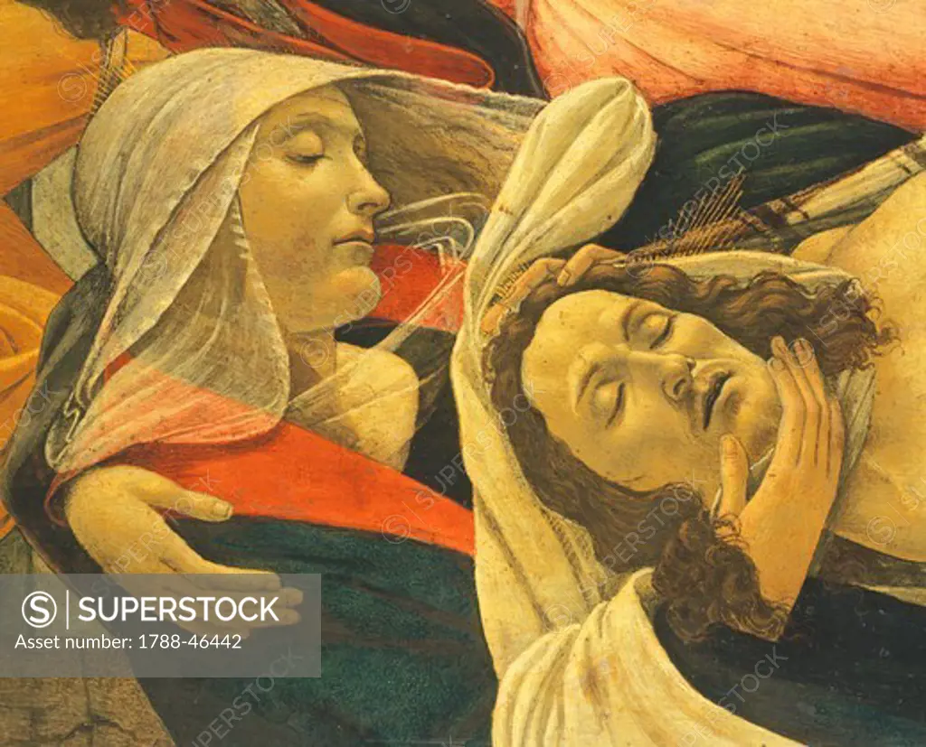 Lamentation over the Dead Christ, 1495, by Sandro Botticelli (1445-1510), tempera on wood, 107x71 cm. Detail.
