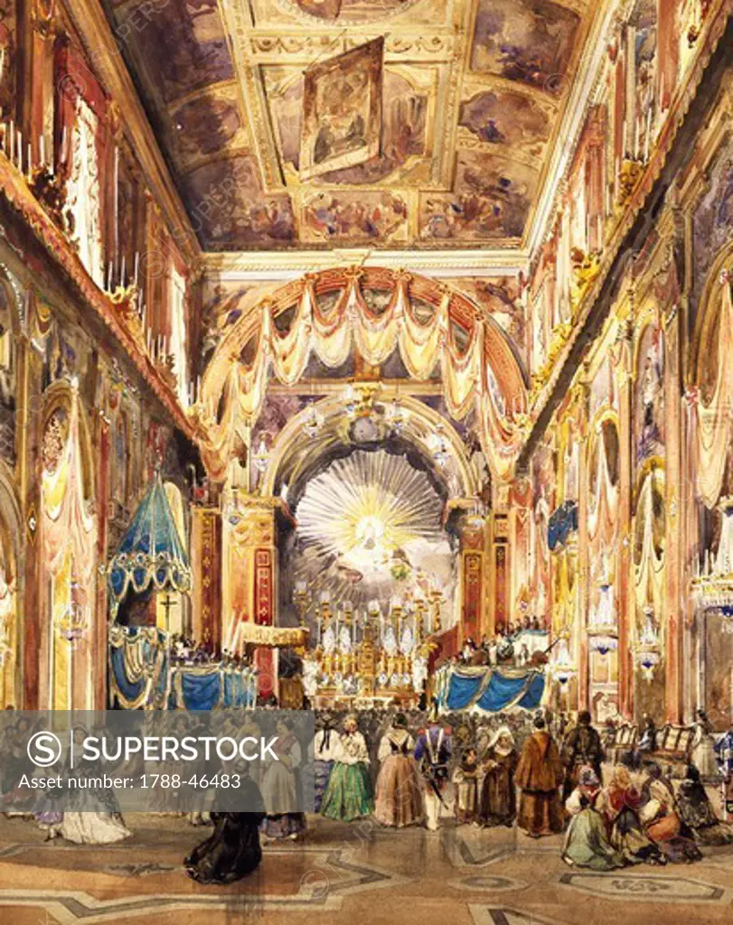 Interior of San Paolo Maggiore Church in Naples for the centennial of St Cajetan, 1856, by Theodore Duclere (1815 or 1816-1869).