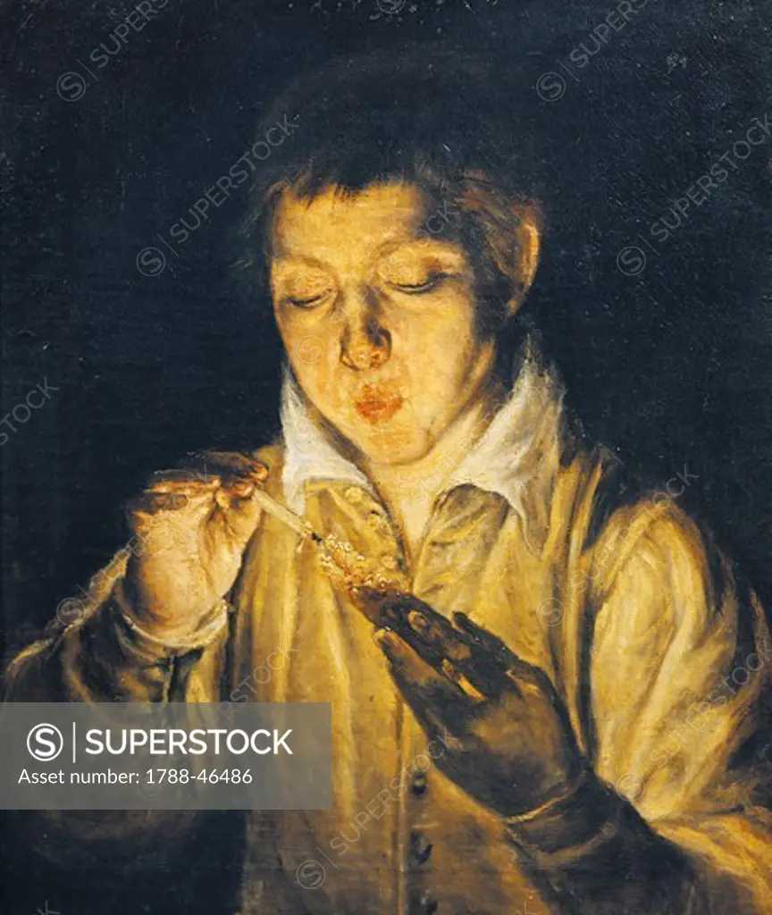 Boy lighting a candle (Boy blowing on an ember), 1575, by El Greco (1541-1614).