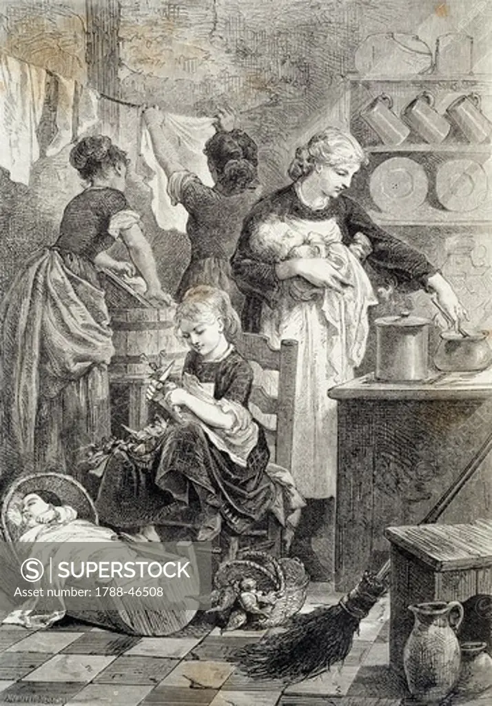 Women of times past, 1851, from the monthly magazine Le ore casalinghe. Italy, 19th Century.