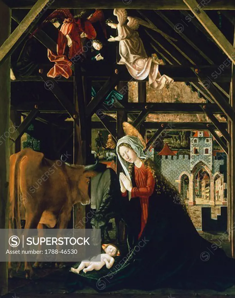 The Nativity, scene of the story of Christ from St Wolfgang's Altarpiece, 1471-1481, by Michael Pacher (ca 1430-1498), panel, 175x140 cm.