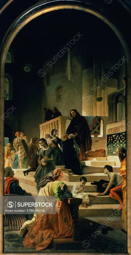 Blessed Bernardino da Feltre, tutor at the Monti di Pieta', distributing a few loaves of bread donated to him after his sermon to the poor during the famine, 1861, by Frederick Faruffini (1833-1869). Santa Maria del Carmine Church, Pavia.