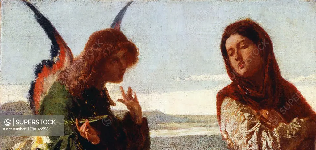 The Annunciation, 1864, by Federico Faruffini (1831-1869), oil on canvas, cm 11,5 x24, 2.