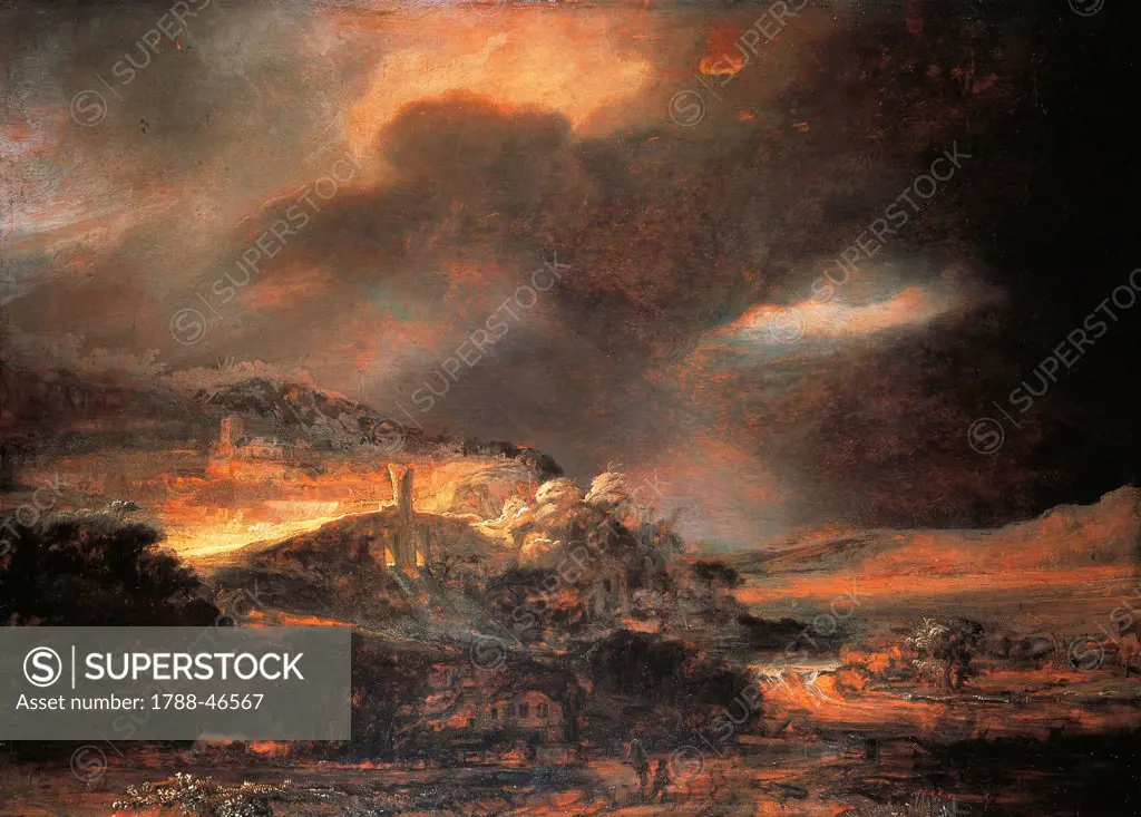 Landscape, by Rembrandt (1606-1669).